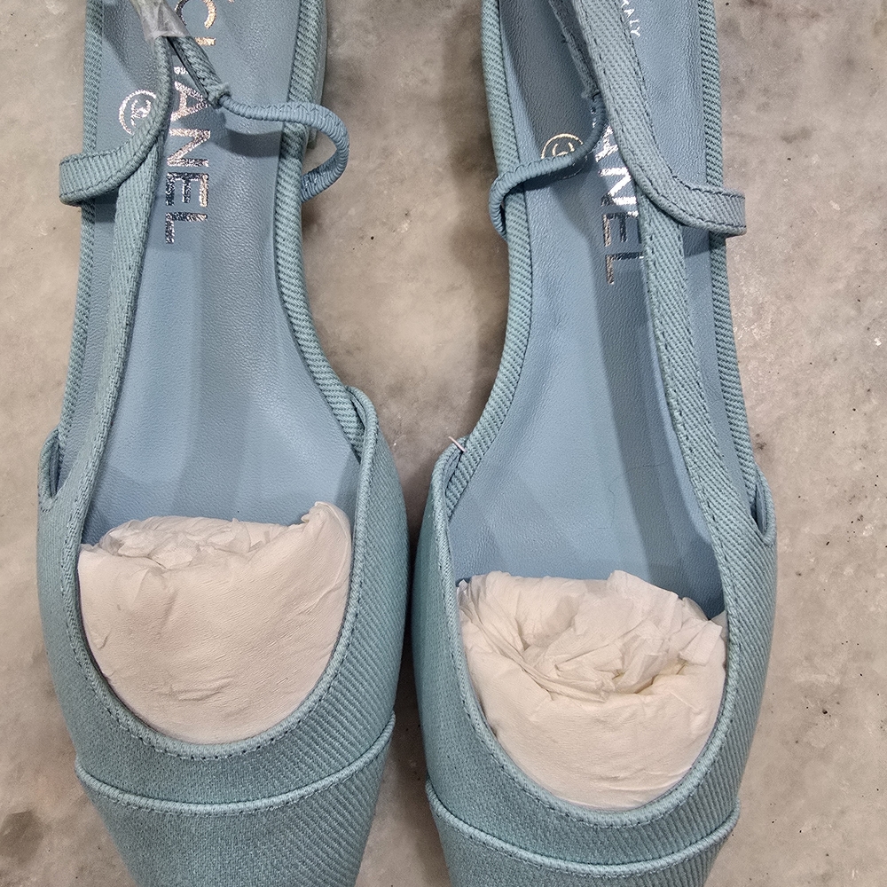 "CHANEL-like" Women's Denim Light Blue Slingback Flats